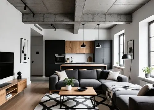 Living room with kitchen, industrial brutalist and Nordic style




,a modern apartment living room with grey couches,apartment,apartment lounge,modern decor,an apartment,modern living room,loft,conte