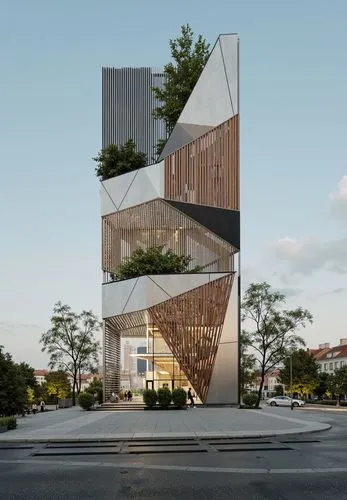 A building with a polygonal style, surrounded by a large number of plants. Against the background of the city, there is a square in front of the building. It is daytime with soft lighting.,some tall b