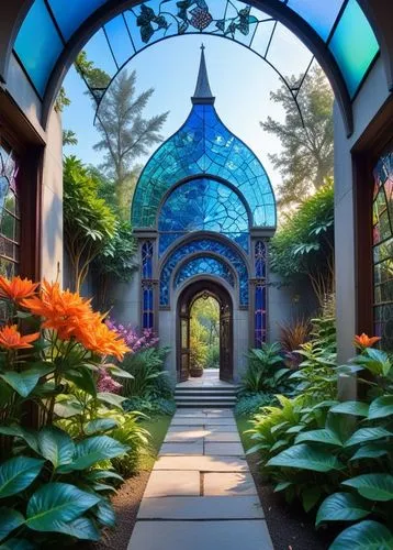 the large arch in the photo overlooks the garden,conservatory,garden door,botanical gardens,water palace,botanical garden,tunnel of plants,glasshouse,philodendrons,portal,winter garden,gardens,garden 