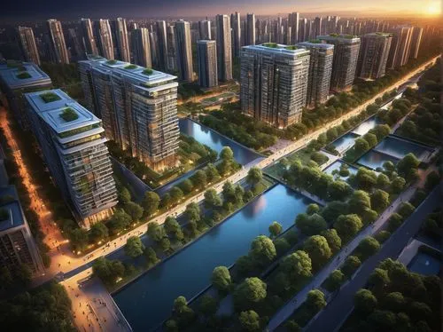 Modern architecture master plan, bird's eye view, urban planning, skyscrapers, residential buildings, green spaces, pedestrian walkways, water features, city lights, sunset ambiance, futuristic tone, 