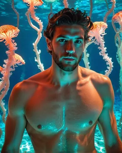 a 25 years old Shirtless man bioluminescent ocean and coral medusas background,merman,poseidon,underwater background,under the water,aquaman,photo session in the aquatic studio,under the sea,merfolk,p