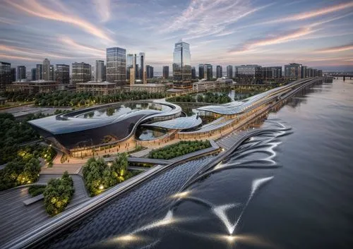 (at dusk:1.3),futuristic art museum,futuristic architecture,marina bay,barangaroo,heart of love river in kaohsiung,tianjin,singapore,marina bay sands,chongqing,calatrava,santiago calatrava,zhengzhou,s