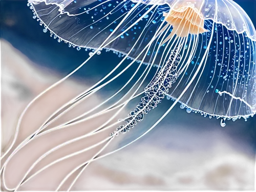Transparent jellyfish, vibrant blue glowing umbrella, delicate lacy tendrils, translucent white bell, intricate details, sparkling water droplets, soft focus background, cinematic lighting, 16,a large
