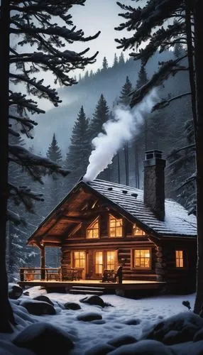Rustic log cabin, wooden structure, sloping roof, chimney, smoke rising, surrounded by tall trees, forest environment, snowflakes gently falling, warm lighting from windows, cozy interior, wooden furn