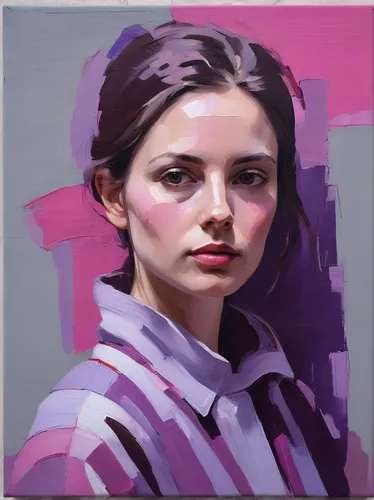 portrait of a woman from an oil painting on raw linen canvas, in the style of light gray and violet, loose and gestural style, textile art, young british artists (ybas), minolta riva mini, dark brown 