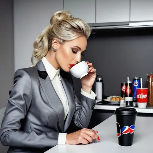 Big blow-up of  Girl tastly sipping coffee out of a black and white cup with saying "Hot!" on cup, coffee running down the cup on the table, of A  stunning  41 years old  light blonde  bleeched blonde