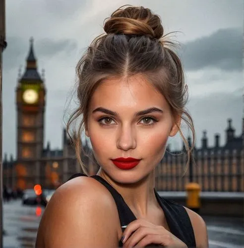 an illustration portrait of a beautiful Caucasian young woman, 22 years old with brown hair, brown eyes, and red lips, she has her hair tied up with a bun, she is wearing a black dress with a neckline