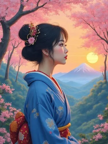 Photorealistic illustration of a woman in a blue kimono under a sunset, in a cherry blossom forest with mountains, ukiyo-e cinematic style, evoking Hokusai, --v 5 --ar 16:9 --q 2,a painting of a young