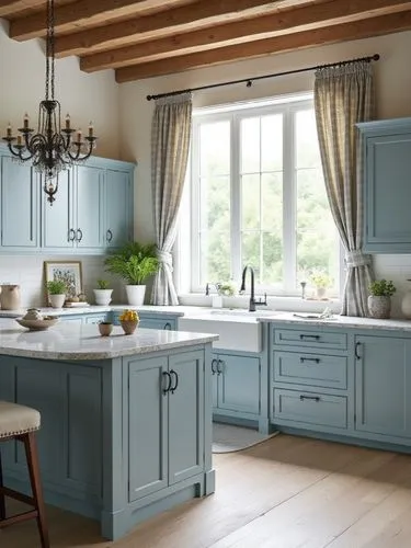A serene indoor design emphasizing natural materials and a muted blue palette. The cabinetry in soft grey-blue tones is paired with rustic wooden flooring and a marble-textured island. A large window 