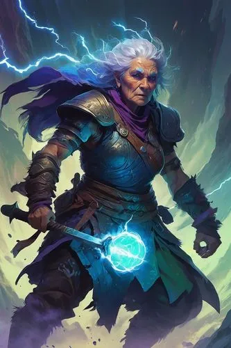  ,an old wizard with lightning holding a glowing ball,monsoon banner,sorcerer,necromancer,thunderer,wall,defend,thornier,doomsayer,lightning damage,god of thunder,conjurer,garrison,innervate,druid sto