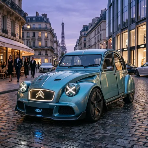 Setze das Auto in eine moderne Großstadtszene von Paris, verbessere die Aerodynamik und modernisiere das Design noch mehr, setze auf Sportlichkeit, ohne den markanten Charakter des Citroen 2CV zu verl