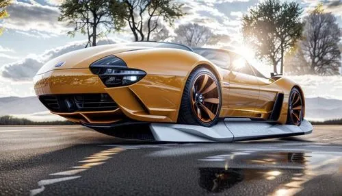 a very sleek, orange sports car is sitting in front of some trees,car wallpapers,bumblebee,golf r,rollers,golf 7,roller,yellow car,fast car,sport car,yellow orange,super car,prancing horse,sports car,