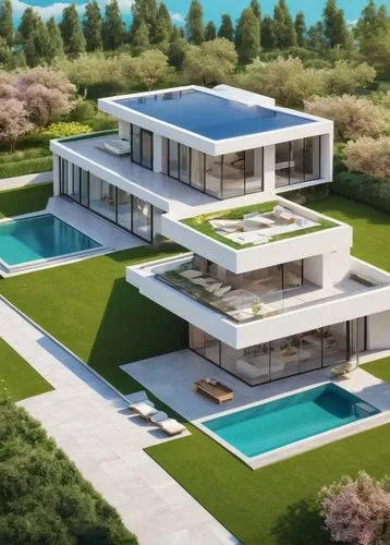 Modern villa, free online design, exterior, daytime, sunny sky, bright natural light, green lawn, blooming flowers, elegant curves, large windows, glass sliding doors, white walls, flat roof, minimali