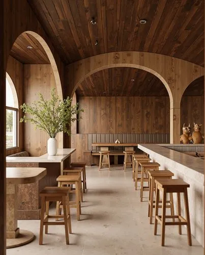 An elegant restaurant interior with wooden arched ceilings and light-colored marble floors, a modern yet natural design featuring minimalist furniture, soft lighting, and an inviting ambiance, emphasi