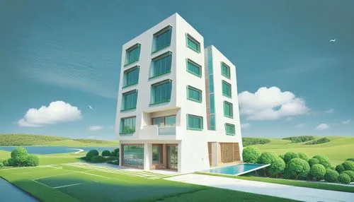 an artist's rendering of a building in a green field,passivhaus,prefab,prefabricated,snowhotel,frame house,inmobiliaria