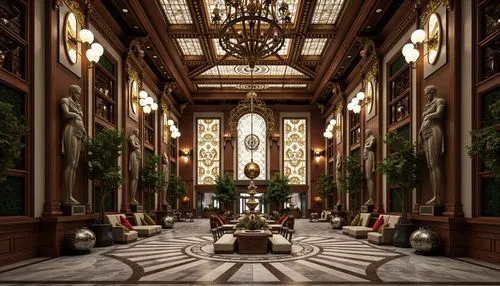 Intricate geometric patterns, ornate metalwork, luxurious marble surfaces, grandiose statues, symmetrical compositions, opulent chandeliers, lavish mosaics, bold typography, stylized florals, zigzag m