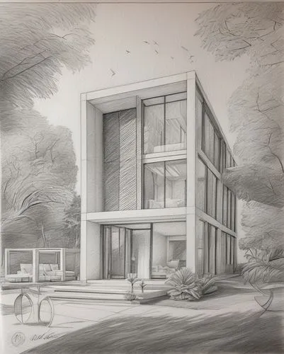 Modern Villa,a drawing of a building that is near some trees,house drawing,unbuilt,renderings,lasdun,neutra,revit