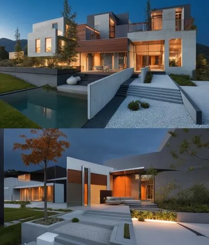 Modern concrete and glass house with 2 views photography, extreme details, highly detailed, 8k, intricate, cinematic lighting, realism pushed to extreme, fine texture, photorealistic, Ultra Realistic,