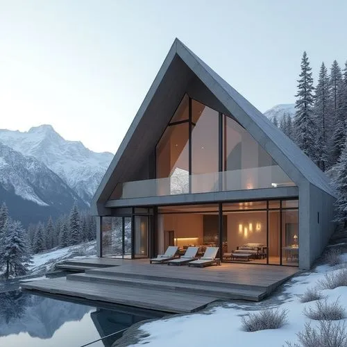 A hyper-realistic, high-resolution architectural photograph of a luxurious, alpine-style modern villa nestled in a mountainous landscape. The home features a prominent A-frame roof and is constructed