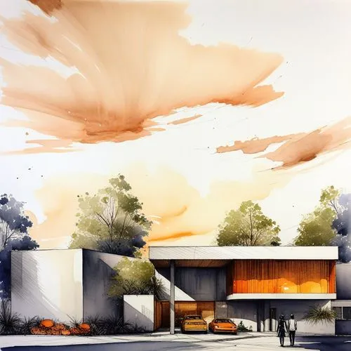this is an impressionistic watercolor of a building,neutra,mid century house,unbuilt,renderings,eichler,mid century modern,midcentury,dunes house,savoye,sketchup,carport,amanresorts,modern house,roof 