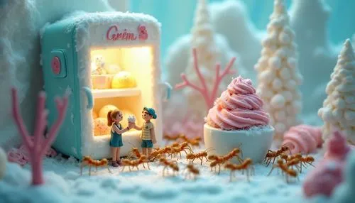 Inside a giant ice cream freezer, a whimsical scene unfolds: miniature people and friendly ants gather together to taste and enjoy colorful scoops of ice cream. The setting is playful and surreal, wit