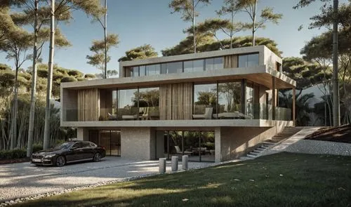 the front view of a house in the middle of trees,dunes house,modern house,timber house,forest house,modern architecture,cubic house,house in the forest,wooden house,prefab,residential house,danish hou