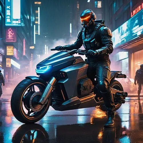 In the heart of Night City, neon lights flicker against the rain-soaked streets. A mercenary leans against his modified hoverbike, exhaling smoke into the humid air. His cybernetic arm whirs softly as