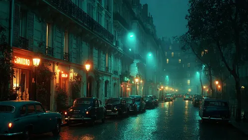 13.Paris street at night, dim streetlights, Cinematic film still from a top-tier Hollywood spy thriller, high-production value espionage action, 35mm film grain texture, anamorphic lens flares, dramat