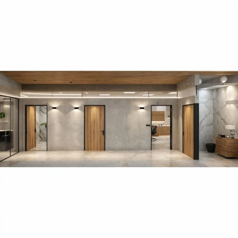 a modern style office building with wood paneling