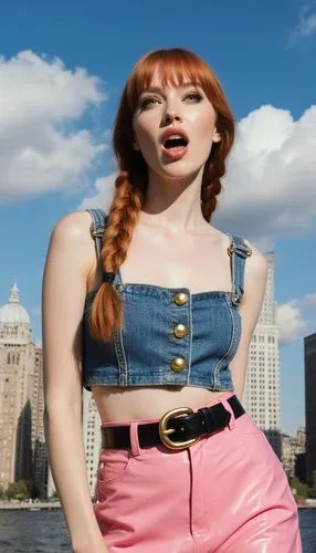 En la imagen se ve a una mujer de cabello largo y rojo claro, con ojos amarillos intensos que destacan mucho, mentón levemente levantado, boca abierta, labios gruesos, de 24 años. Lleva un top corto d