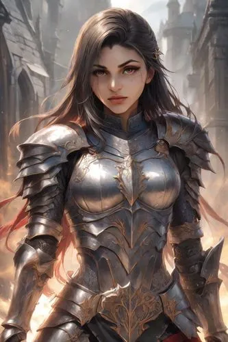 a woman in armor on the edge of an alley,female warrior,seregil,yavana,joan of arc,elona,velika