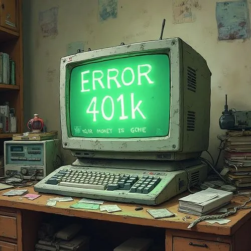 an old computer on a cluttered desk. On the screen in green computer letters written "ERROR 401k" and "Your money is gone",an old computer is displaying error 407k,error,errors,computer,computer syste