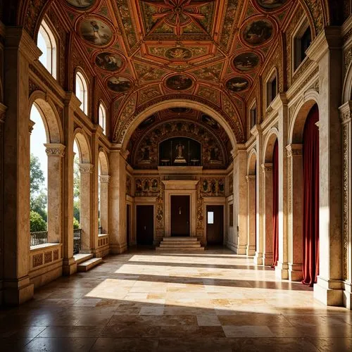 Opulent Byzantine palace, intricately patterned mosaics, lavish gold accents, rich jewel-toned frescoes, warm terracotta hues, creamy marble surfaces, ornate tapestries, mystical icons, grand domes, v