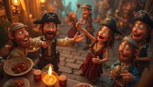 funny pirates makien fun,party, dancing,drinking for kids, cartoon stule in Cinematic Tones, with a focus on storytelling and emotional depth, using warm, earthy shades of bronze and purple to evoke a