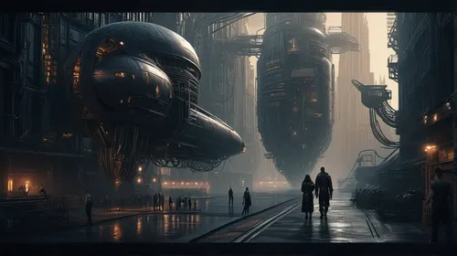 A few people walking down the street next to a tall building with cyberpunk art inspired by Grzegorz Domaradzki, an industrial human airship, in a huge cavernous iron city,futuristic landscape,sci fic