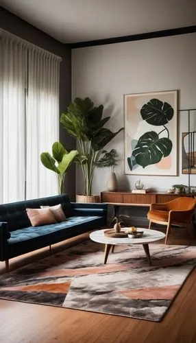 Modern mid-century interior design, luxurious living room, 1950s-60s style, wooden floor, geometric patterned rug, minimal ornamentation, clean lines, organic shapes, low-profile furniture, velvet sof