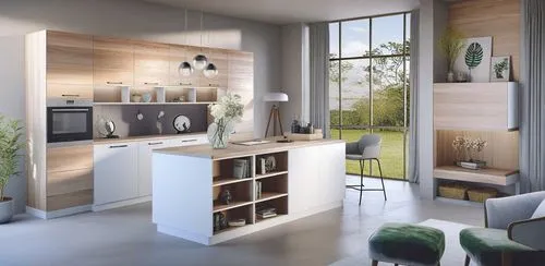 the interior of a modern kitchen with lots of natural wood,prefab,fromental,smart home,prodromal,inmobiliaria,modern kitchen interior