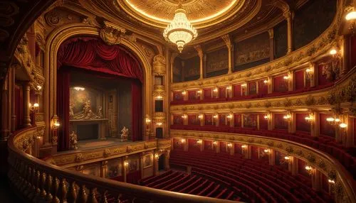 Grand opera house interior, luxurious baroque style, ornate golden decorations, intricate patterns on ceiling, majestic chandelier, red velvet curtains, grand staircase with curved railings, ornate ma