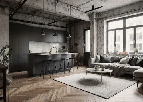 Living room with kitchen, industrial brutalist and Nordic style




,a kitchen area has modern decor, including an l shaped couch and countertop, along with two stools,loft,apartment lounge,apartment,