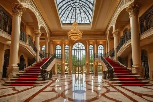Grandiose Empire-style architectural structure, intricate stone carvings, ornate golden details, majestic pillars, arched windows, grand staircase, red carpet, luxurious chandelier, marble floor, high