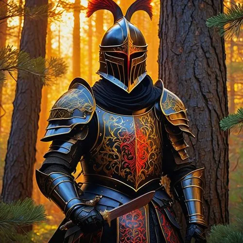 Photorealistic illustration of a knight in black armor with gold and fiery red patterns, horned helmet with glowing red eyes, in a giant pine forest under golden light, cinematic fantasy style, evokin