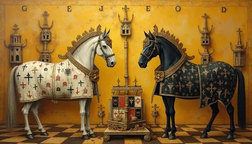 Abstract painting in the style of medieval art, medieval bestiary, painting in the style of Ambrogio Lorenzetti, international Gothic. The focal point is a stylized chessboard with unique figures of a