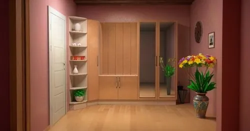 a hallway with several wooden shelves filled with vases,japanese-style room,walk-in closet,room door,cupboard,mudroom,cupboards,wooden door,pantry,storage cabinet,closets,hallway space,armoire,door,wa