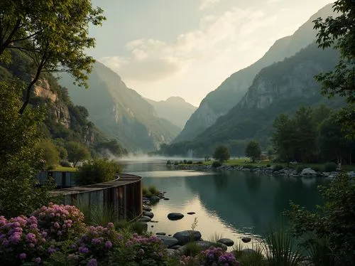 Ethereal misty mountains, lush green forests, serene lakes, winding rivers, cinematic fog effects, warm golden lighting, soft focus blur, vibrant purple flowers, rusted metal accents, distressed stone