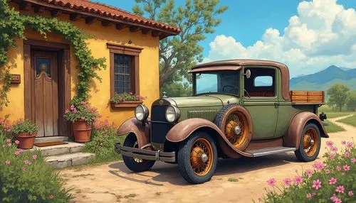 Cartoon style painting of Larry Elmore and Van Gogh, Mexico antique car parked in front of a cottage ,8k


,an oil painting of a vintage car on a rural road,old vehicle,vintage vehicle,antique car,jal