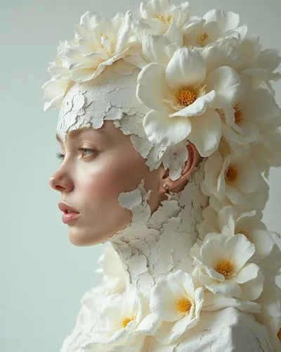 A woman whose skin texture resembles crumpled white paper, evoking the delicate beauty of a Japanese kintsugi mug, where gold patches tell a story of resilience and creativity. Her face and body show 