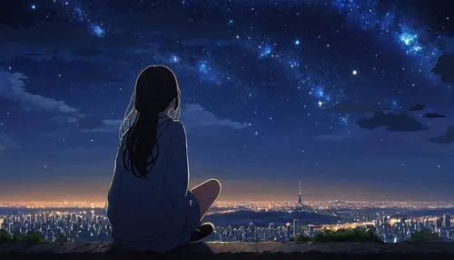 octans, sky, star (sky), scenery, starry sky, night, 1girl, night sky, solo, outdoors, building, cloud, milky way, sitting, tree, long hair, city, silhouette, cityscape --auto --s2,starry sky,night sk