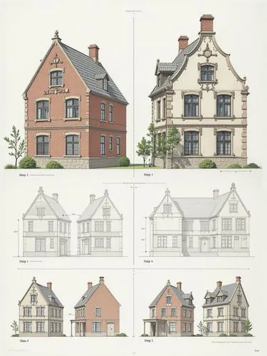 A diagram showing the process of building with each step represented by different architectural sketches and digital construction models of building structures and dimensions. The left side features t