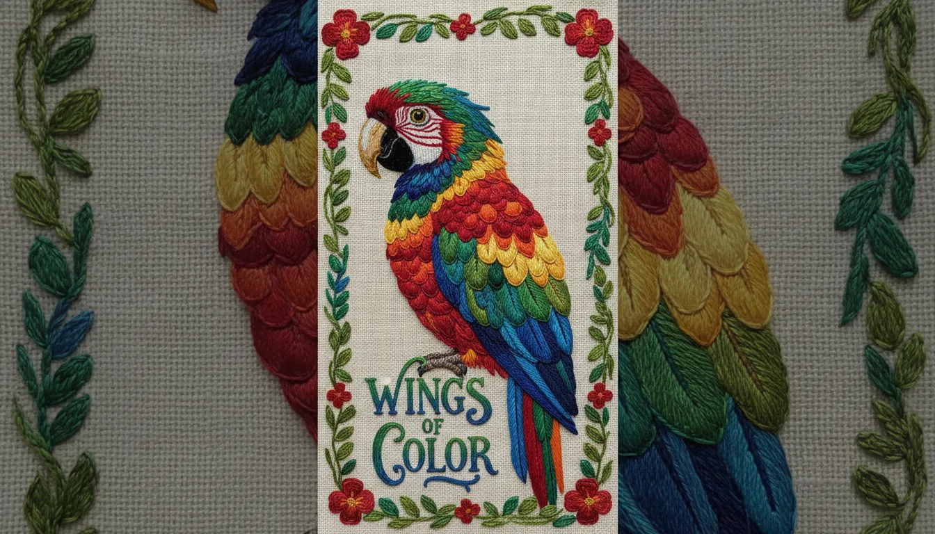 एक पोस्टर डिज़ाइन के लिए कपड़े की पृष्ठभूमि पर जटिल धागे की बनावट दिखाते हुए, विस्तृत कढ़ाई में प्रस्तुत एक रंगीन पक्षी की एक हाइपर-रियलिस्टिक एआई-जनित छवि।