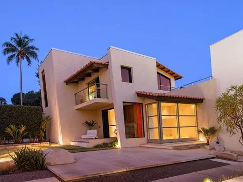 PHOTOGRAPH TAKEN WITH A KODAK CAMERA, WITH A 35MM LENS A contemporary, two-story, Mexican-style house at dusk, with dim ambient lighting and a starry sky amidst a tropical landscape. It is predominant